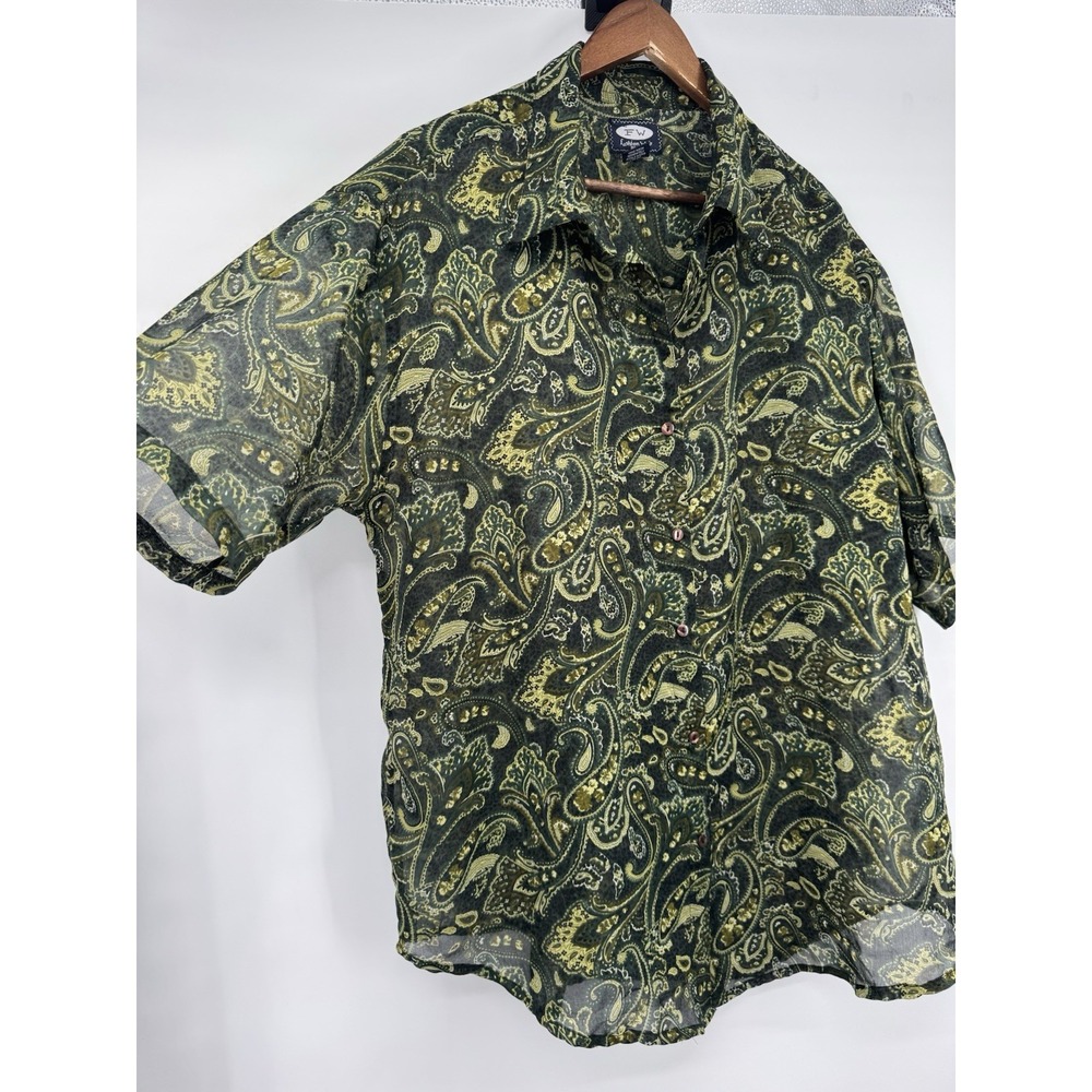 VTG Fashion Web Button Up‎ Shirt green sheer paisley print 90s Y2K retro plus 2X